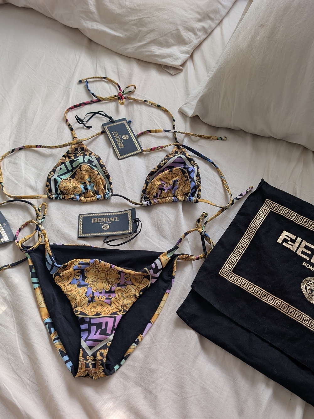 Fendi & Versace Colab Black Gold Purple Multi-Color Logo Print Triangle Bikini